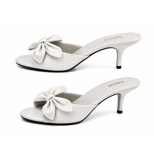 Alfani Women Heeled Mule Sandals Size 6.5 White Leather Bow Kitten Heel Chic